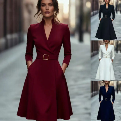 Solid Color V-neck A-line Belted Waist Dress