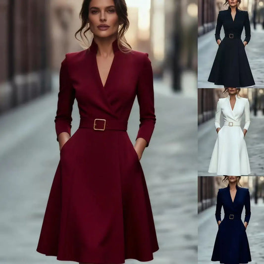 Solid Color V-neck A-line Belted Waist Dress