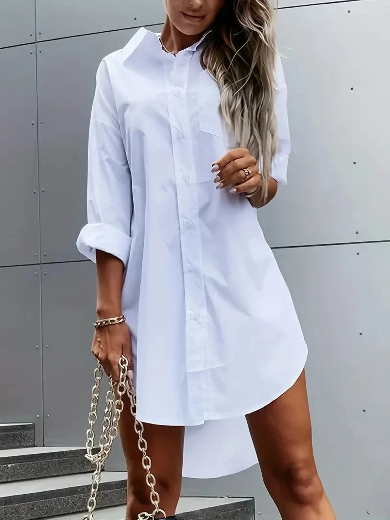 Casual Solid Button-Front Lapel Shirt Dress