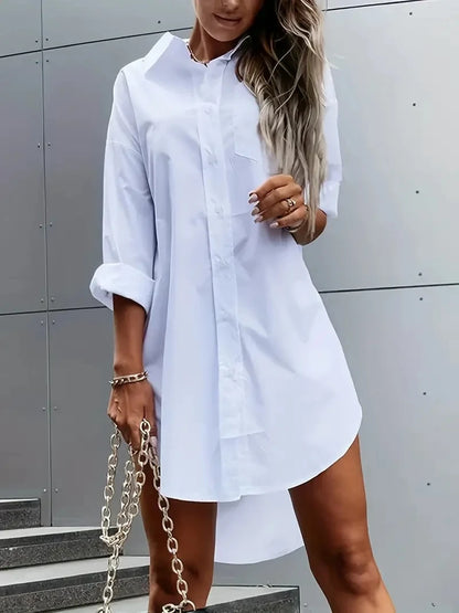 Casual Solid Button-Front Lapel Shirt Dress