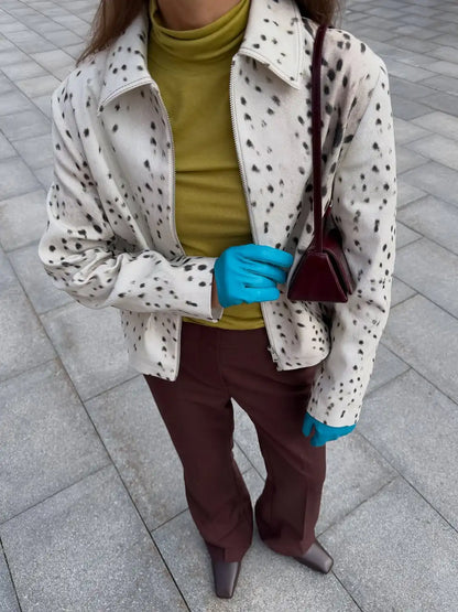 Women’s Leopard Print Short Furry Jacket with Lapel Collar