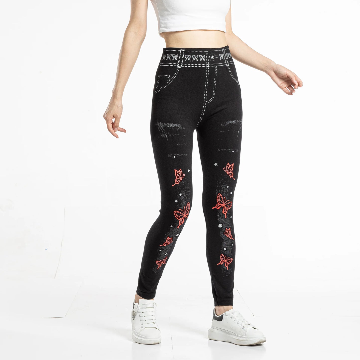 Women's High-Waisted Printed Faux Denim Jeggings – Tummy Control & All-Day Stretch