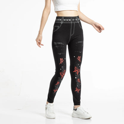 Women's High-Waisted Printed Faux Denim Jeggings – Tummy Control & All-Day Stretch