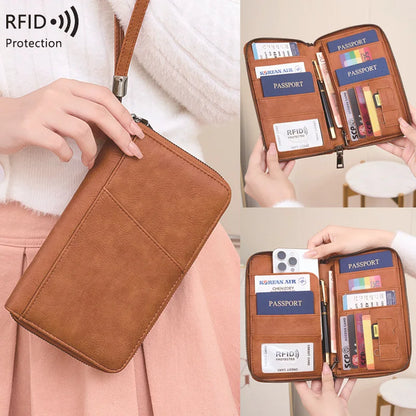 RFID Blocking Family Travel Passport Wallet – Zippered Multi-Card Organizer Wristlet