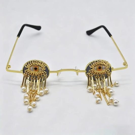 Retro Small Round Evil Eye Sunglasses with Pearl Tassels