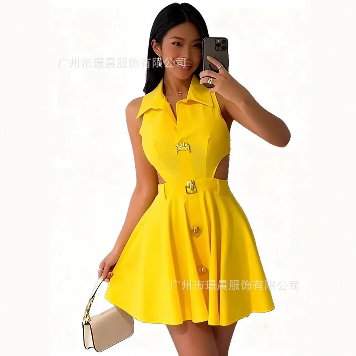 Women's Casual Sleeveless Hooded V-Neck Midi Dress with Side Buttons & Pockets