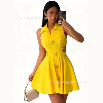 Women's Casual Sleeveless Hooded V-Neck Midi Dress with Side Buttons & Pockets