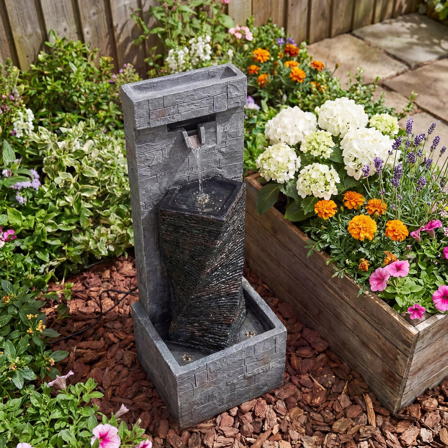 2-Tier Outdoor Cascading Water Fountain with Built-in LED Lights (39.4" H)