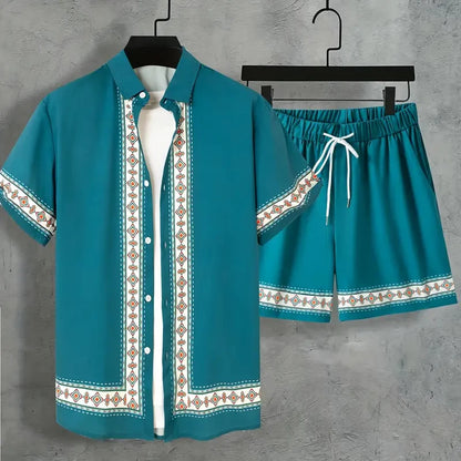 Men's Tropical Hawaiian Printed Short Sleeve Shirt & Shorts 2-Piece Suit Set