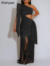 One-Shoulder Tasseled Sleeveless Long Dress