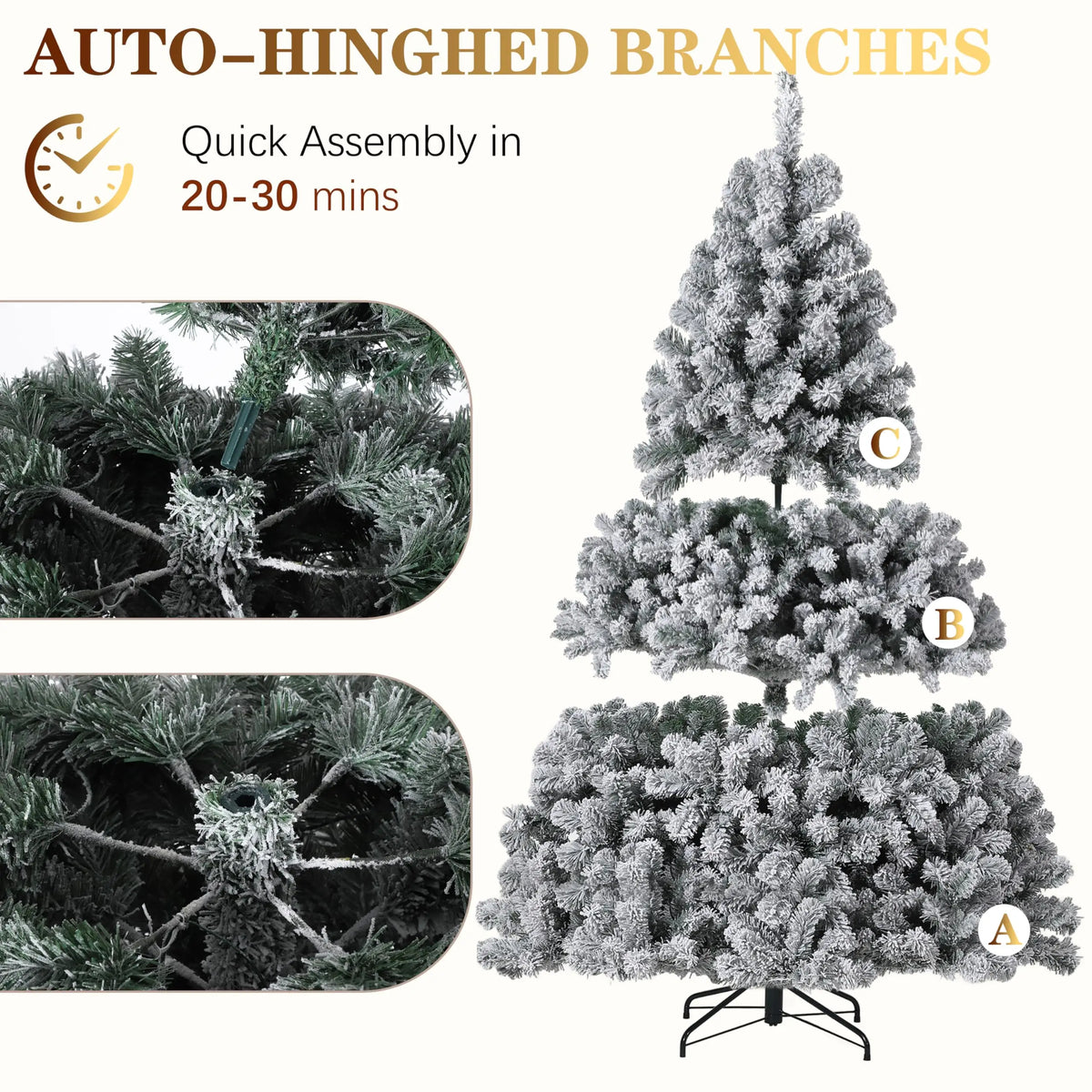 6FT/7.5FT Flocked Artificial Christmas Tree with Snowy Warm White LED Lights - Hinged Fraser Fir Holiday Decor