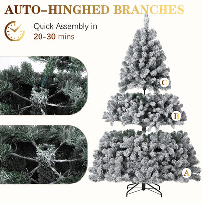 6FT/7.5FT Flocked Artificial Christmas Tree with Snowy Warm White LED Lights - Hinged Fraser Fir Holiday Decor