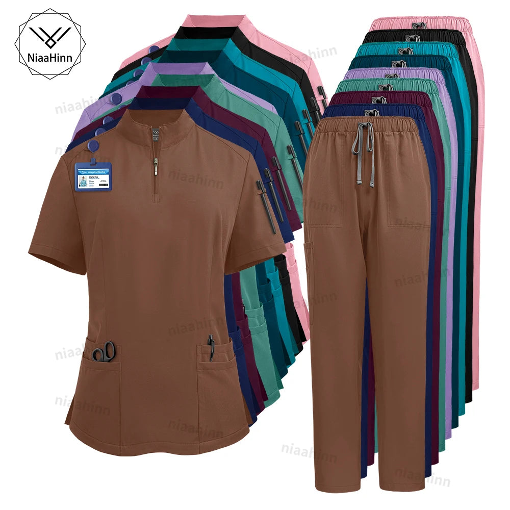 NiaaHinn Women's Stretch V-Neck Scrub Top & Cargo Pants Set