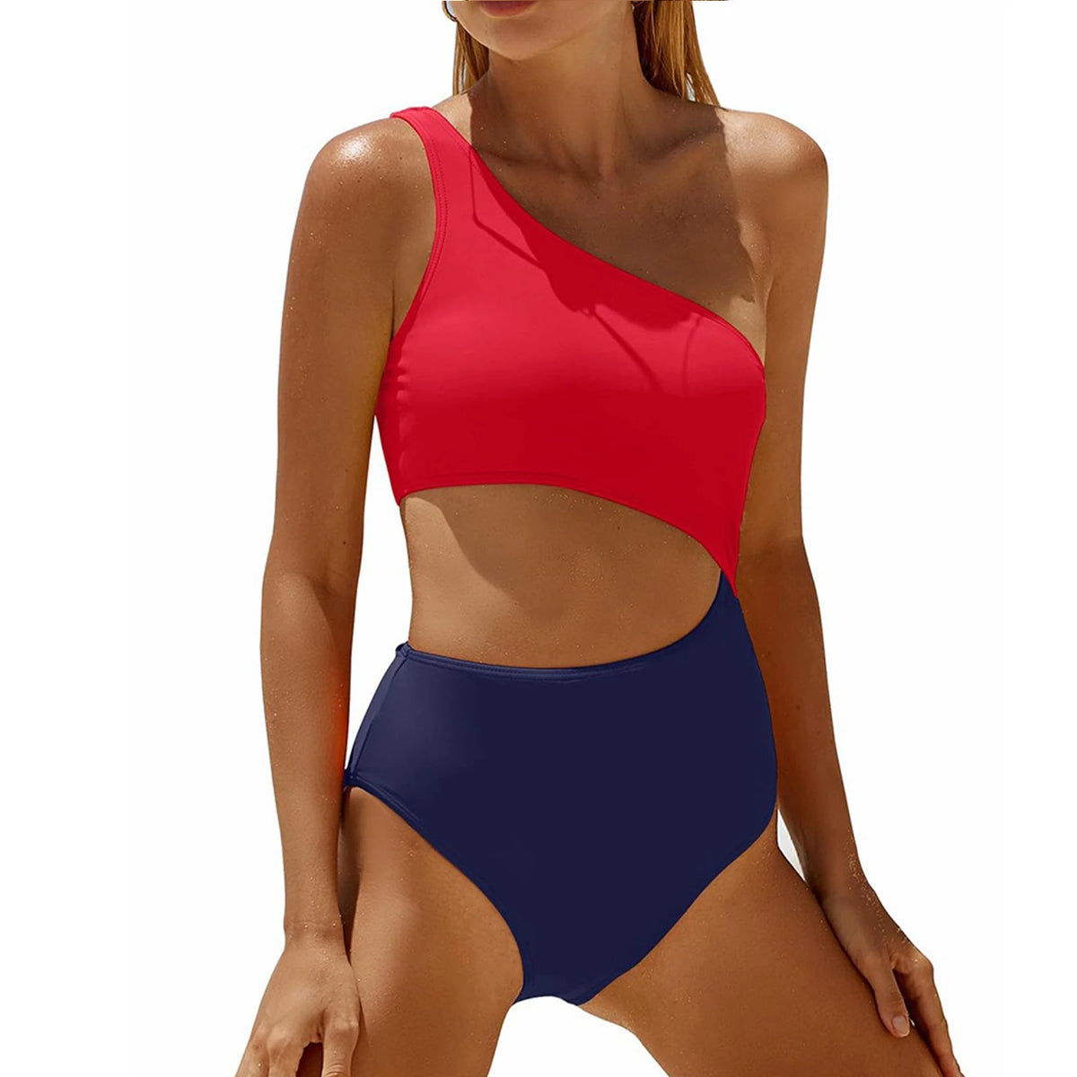 Women's Fashion Color Block One-Shoulder One-Piece Swimsuit