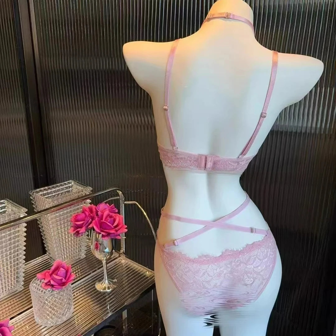 Pink Halter Neck Lace Bra Set