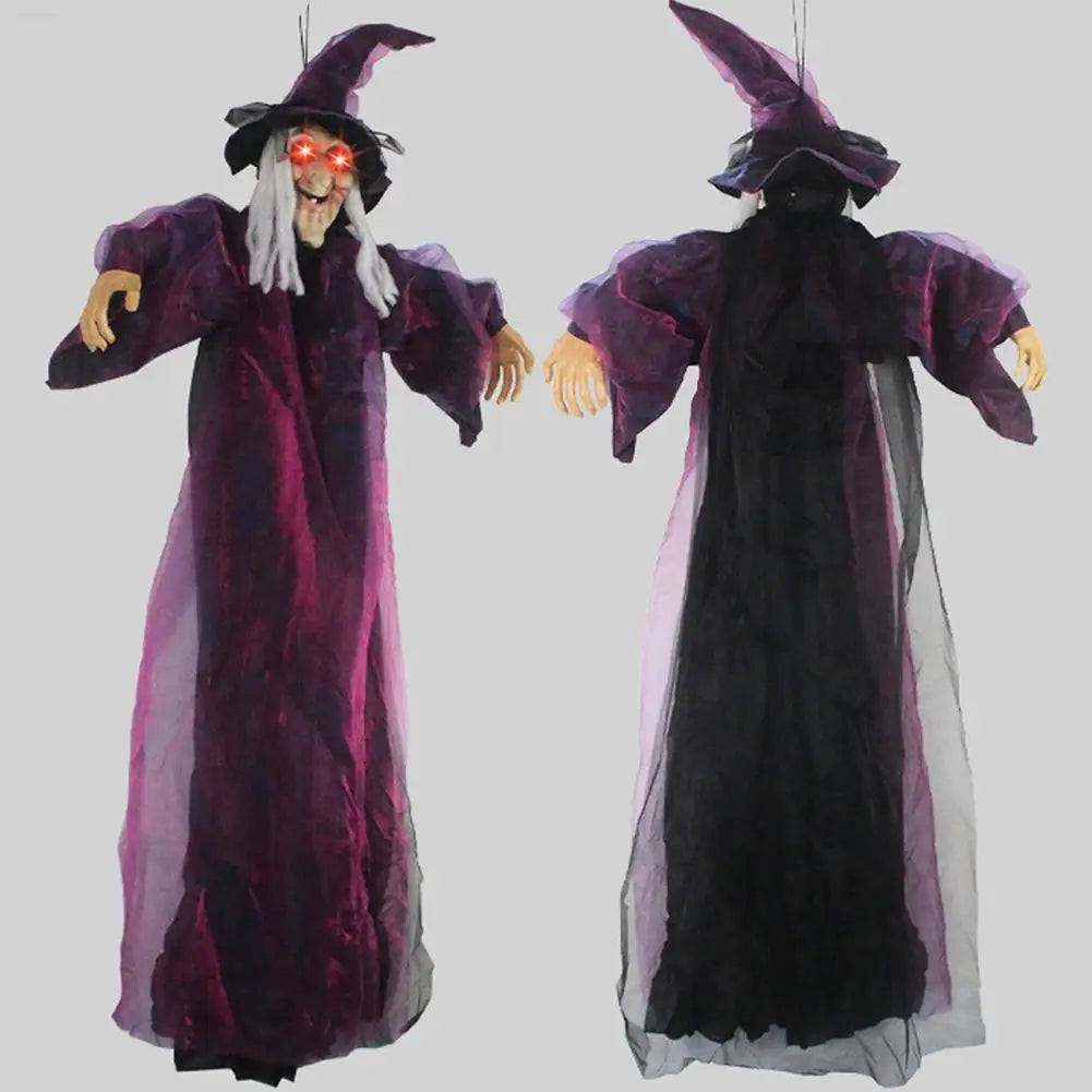 Life-Size Animated Purple Hanging Witch Halloween Prop with Voice Control & LED Eyes