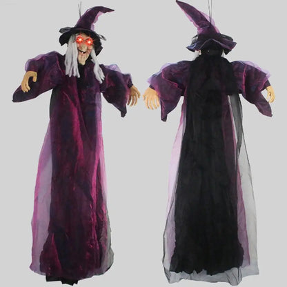 Life-Size Animated Purple Hanging Witch Halloween Prop with Voice Control & LED Eyes