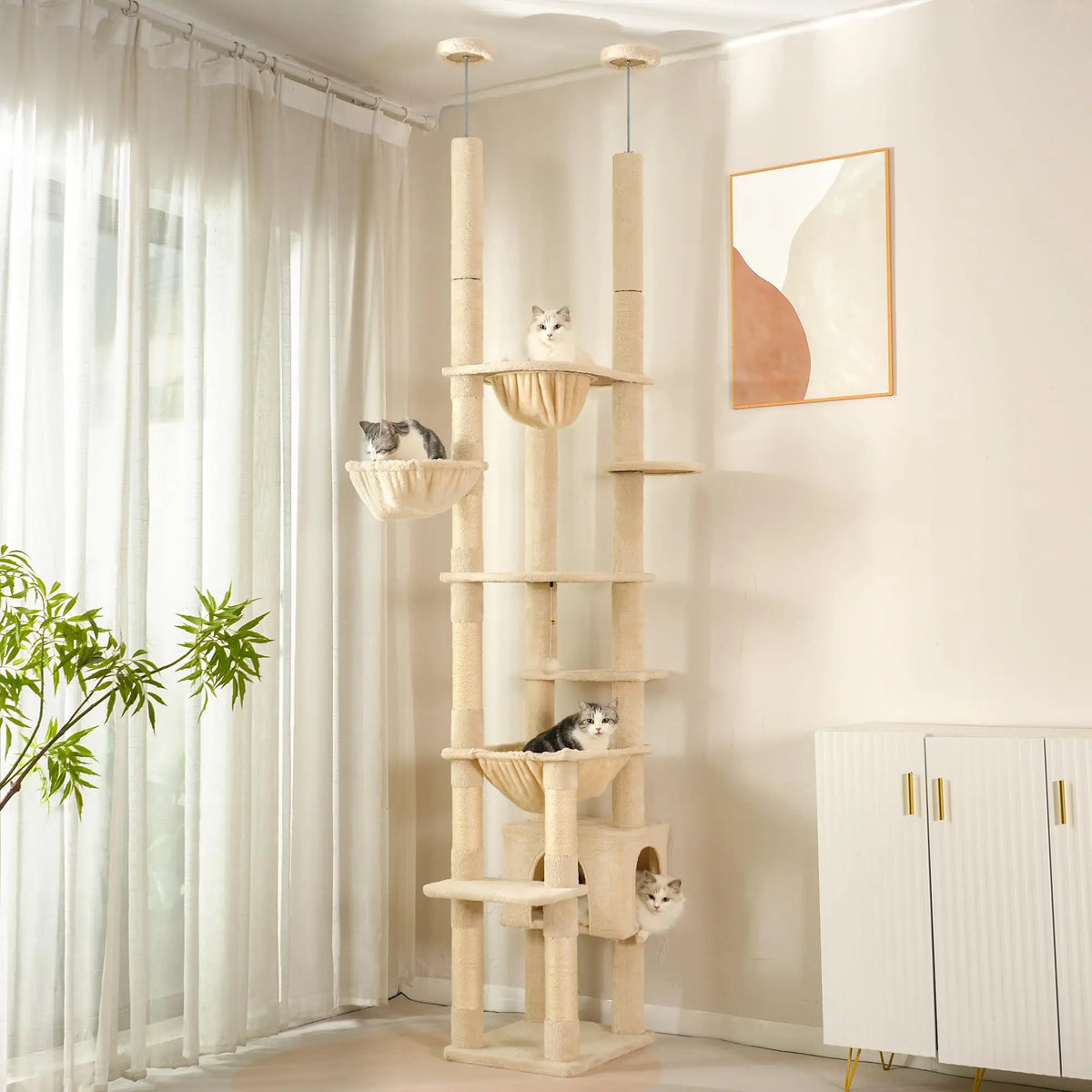 Floor-to-Ceiling Adjustable Cat Tree Tower with Sisal Scratching Posts & Condo