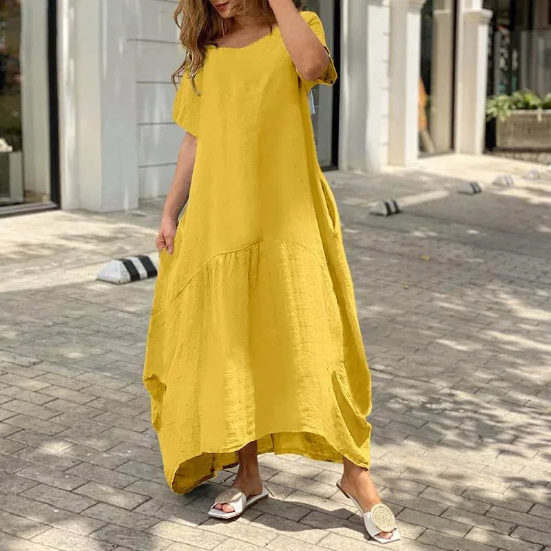 Women's Round Neck Cotton Linen Casual Pocket Summer Midi Dress
