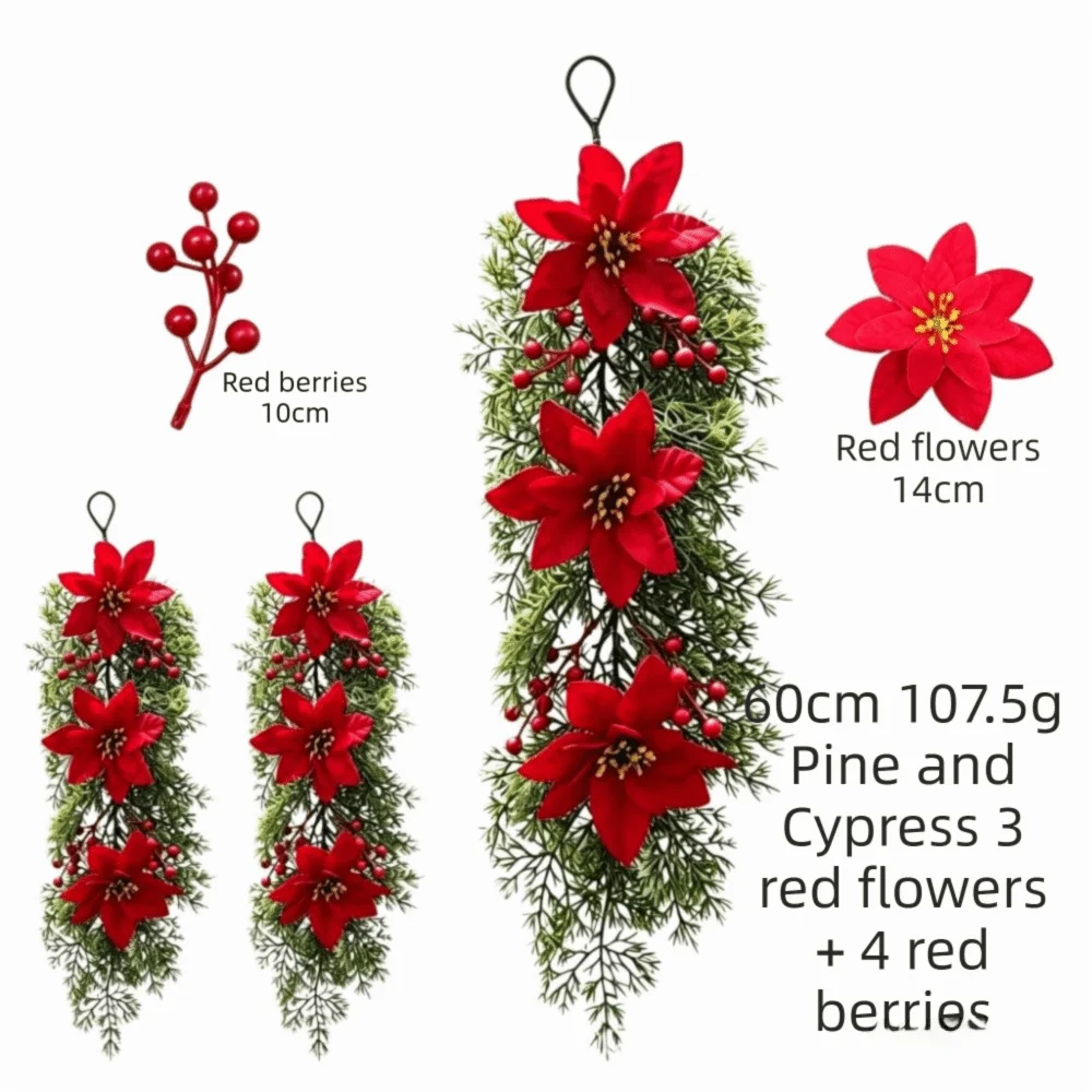Wall-Mounted Christmas Hanging Vine with Red Berries & Poinsettia