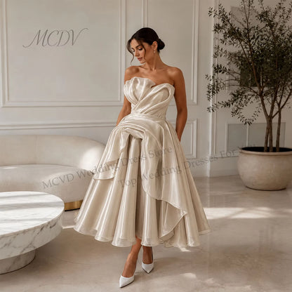 Elegant Strapless Organza A-Line Midi Wedding Dress – Civil Bridal Gown