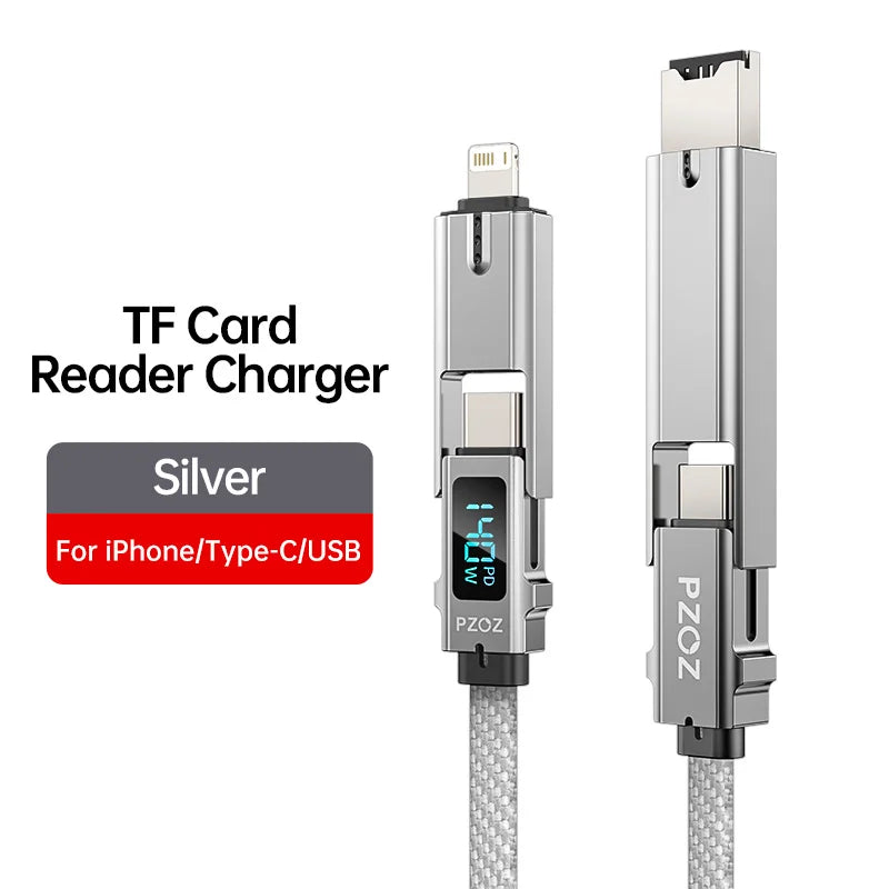 PZOZ 140W 4-in-1 Fast Charging Cable with TF Card Reader & Digital Display