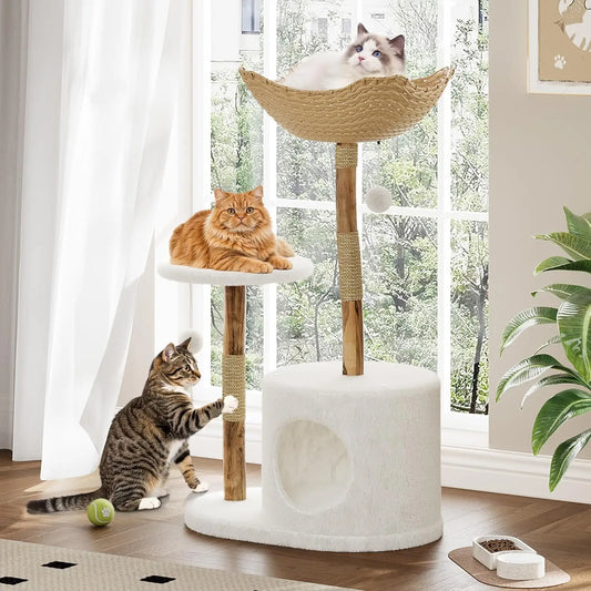 Tacleekii Natural Wood Cat Tree Tower with Wicker Basket Perch & Sisal Scratching Posts