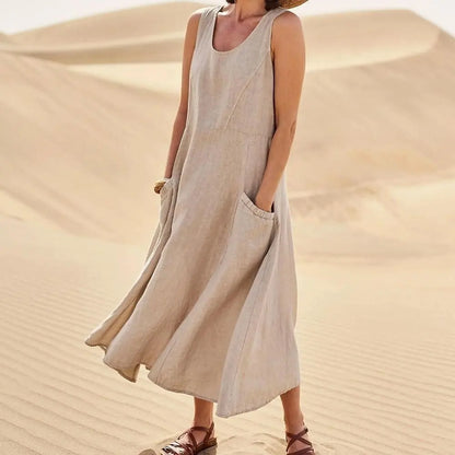 Cotton Linen Sleeveless Double Big Pocket Loose Dress