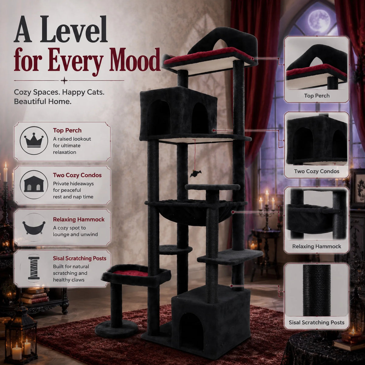82" Gothic Cat Tree Tower with Coffin Bed & Condos