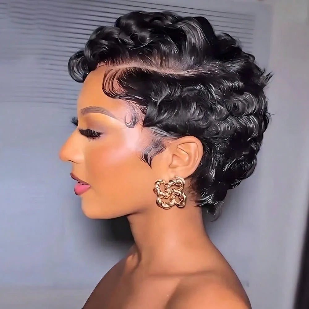 Short Pixie Cut Curly Wave Human Hair Wig, 6 Inch, 250% Density Glueless