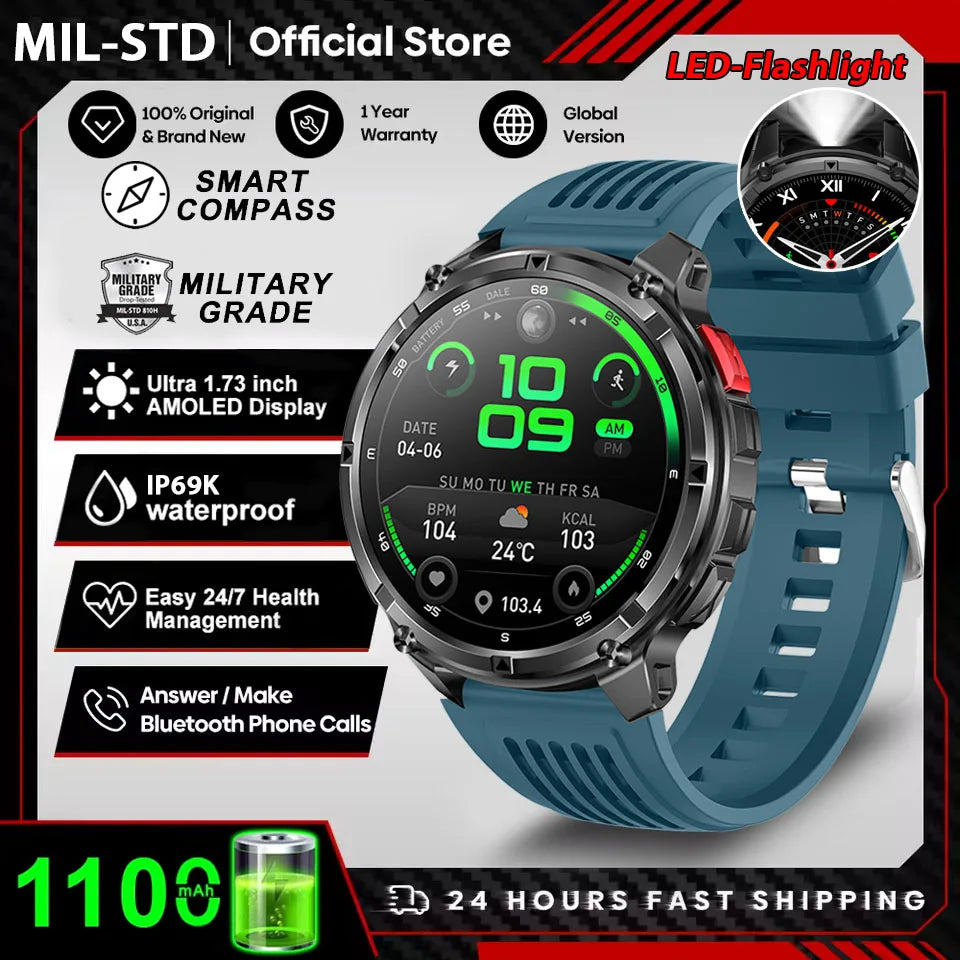 Rugged Outdoor AMOLED GPS Smartwatch with Flashlight