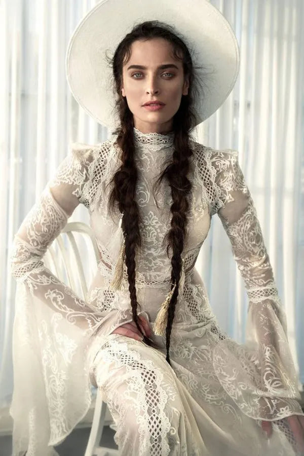 Women's Elegant High-Neck Lace Mermaid Wedding Dress