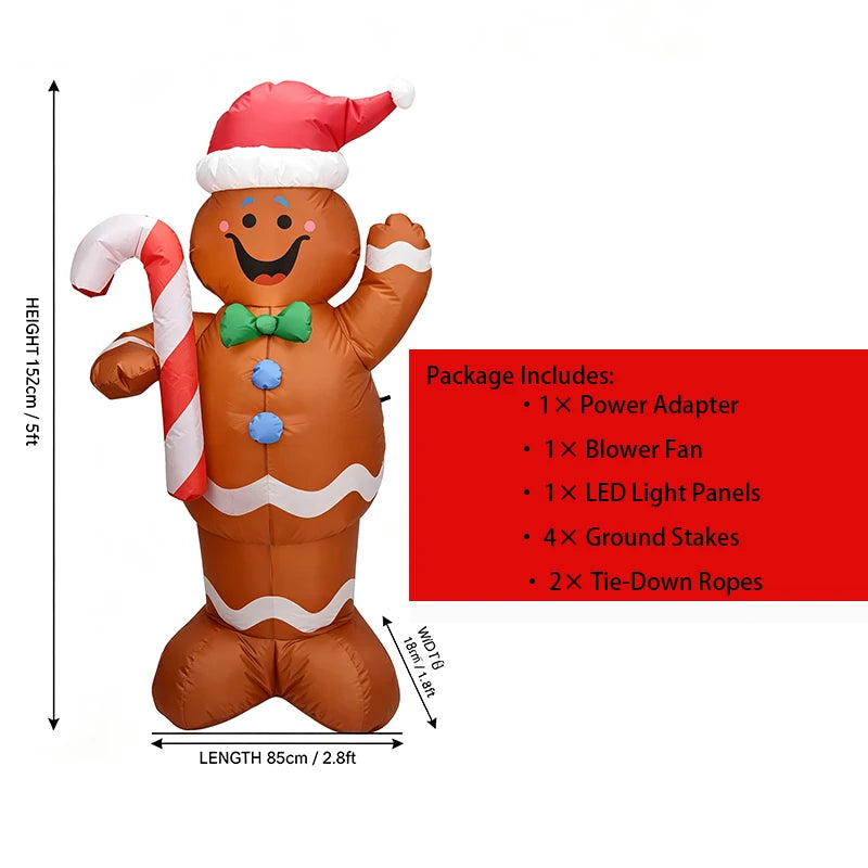 Giant 5FT Christmas Inflatable Gingerbread Man Decoration with Candy Cane & LED Lights