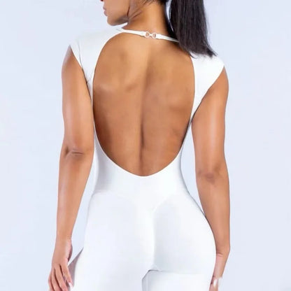 HISTELLO Women’s Cap Sleeve Backless One-Piece Jumpsuit – High-Elasticity Fitness & Yoga Romper