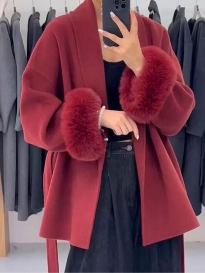 Elegant Lace-Up Woolen Short Coat with Furry Trim