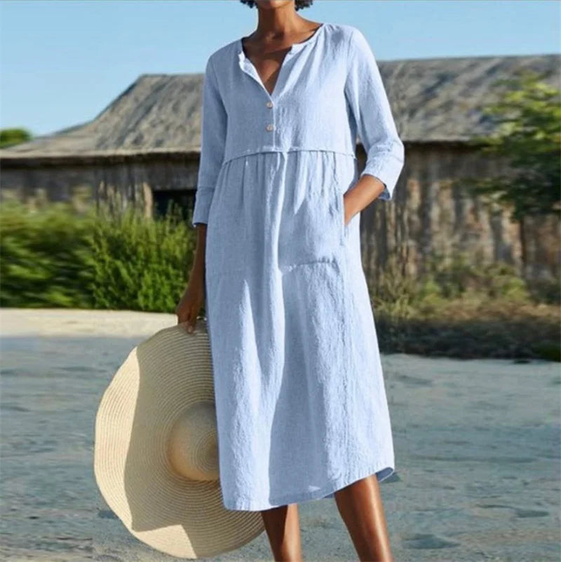 Women's Cotton Linen Half-Sleeve Midi Dress with Pockets