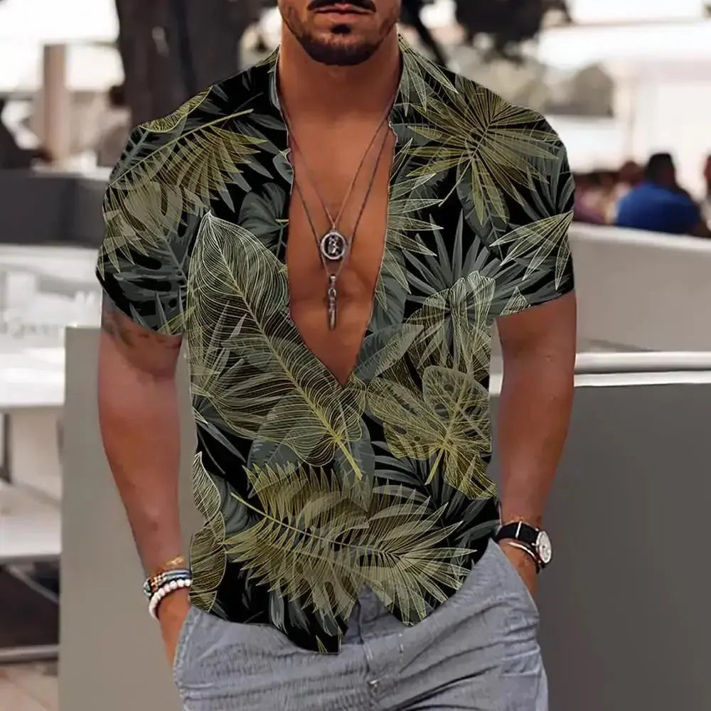 3D Plant Print Quick-Dry Short Sleeve Shirt