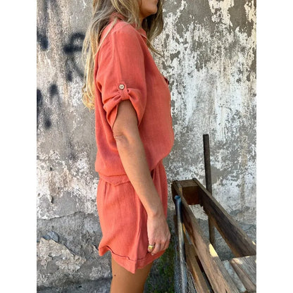 Women's Linen-Blend Button-Down Shirt & Shorts 2-Piece Set