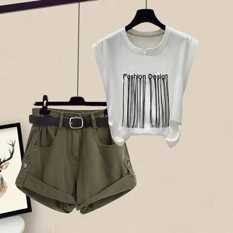 Women's Summer Safari Style Letter Tassel T-Shirt & Shorts 2-Piece Set