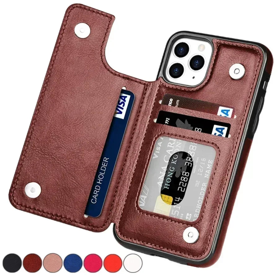 Double Button With Card Slot Stand Flip Leather Case For iPhone