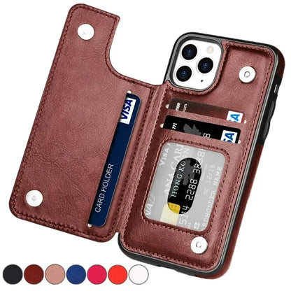 Double Button With Card Slot Stand Flip Leather Case For iPhone