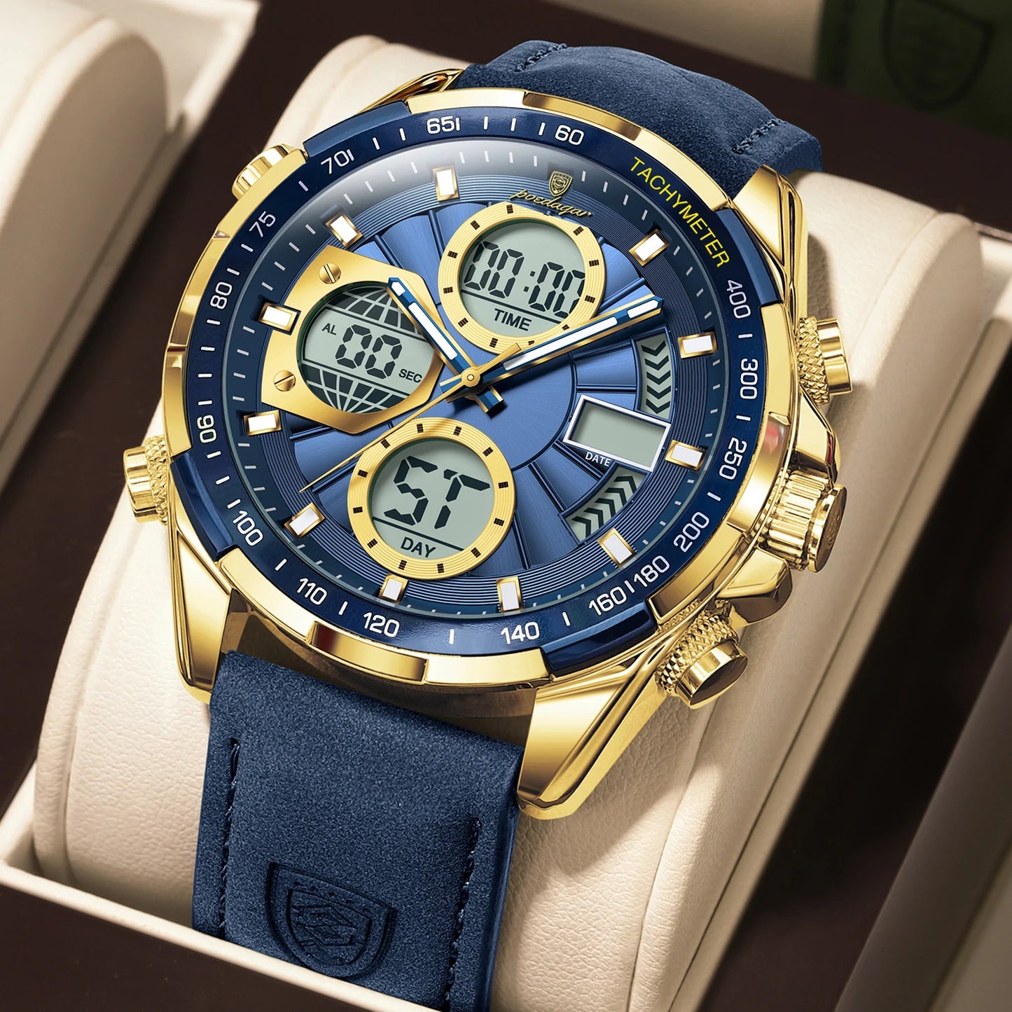 POEDAGAR LED Luminous Dual Time Display Digital Quartz Watch