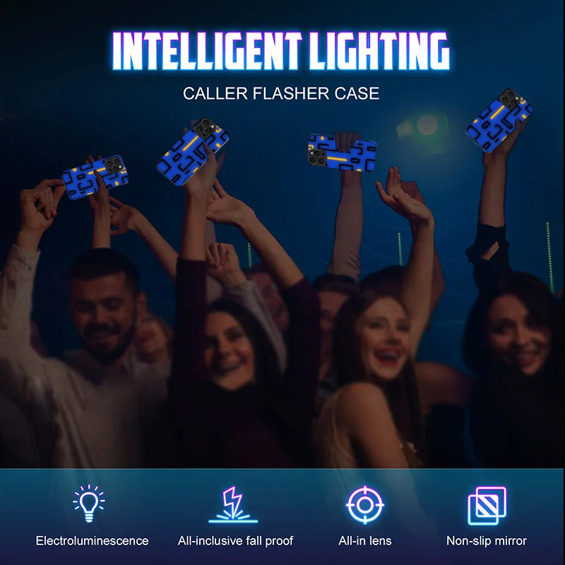 Luminous Animated LED Call Light Phone Case for iPhone 17, 16, 15, 14, 13, 12, 11 Pro Max – Tempered Glass Back Cover
