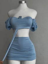 Puff Sleeve Strapless Crop Top and High Waist Skirt Set