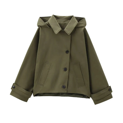 Women's European & American Style Hooded Lapel Jacket – Single-Breasted Trench Coat