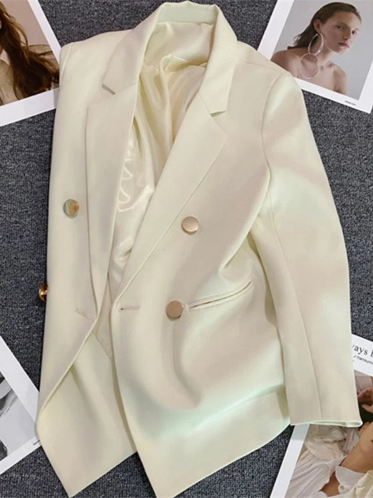 Women's Elegant Double-Breasted Blazer Jacket - Spring Autumn Slim Fit Korean Style Outerwear