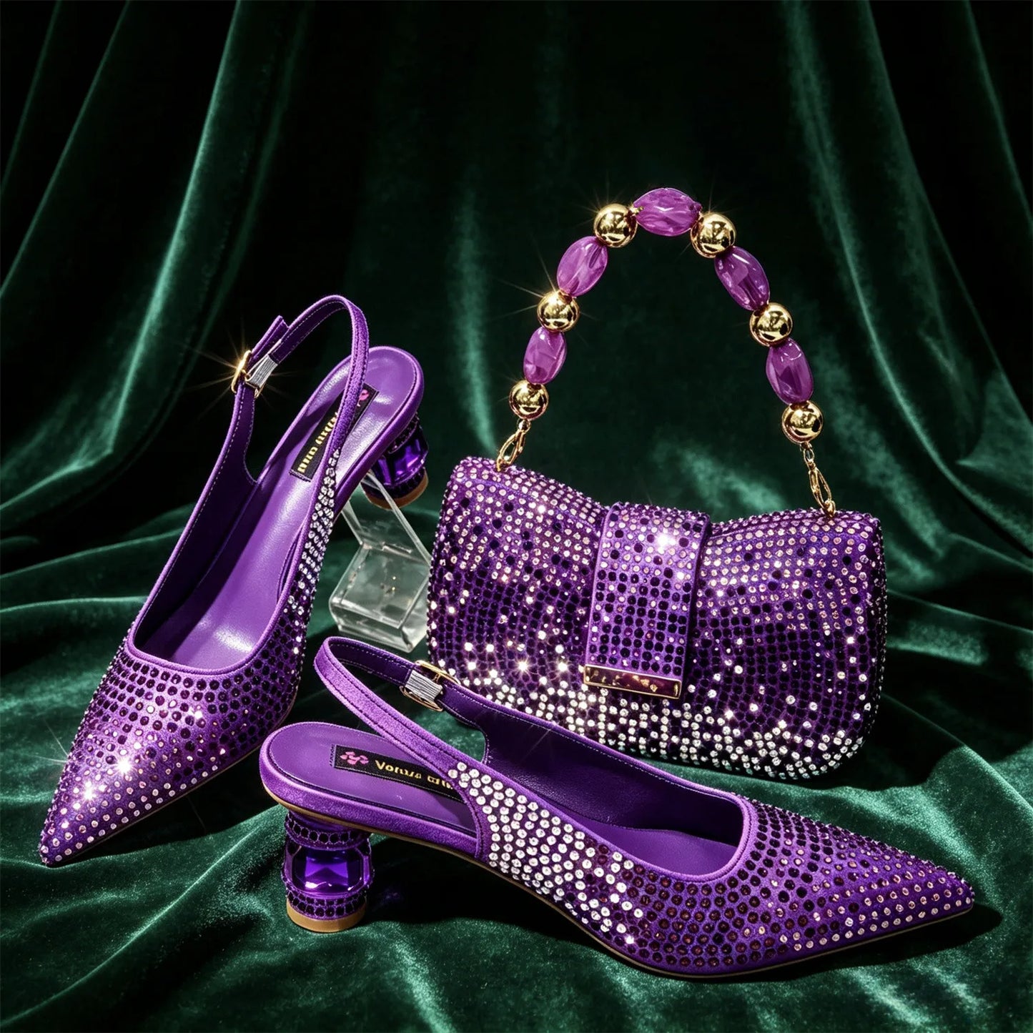 Emerald Green Rhinestone High Heels & Matching Handbag Set