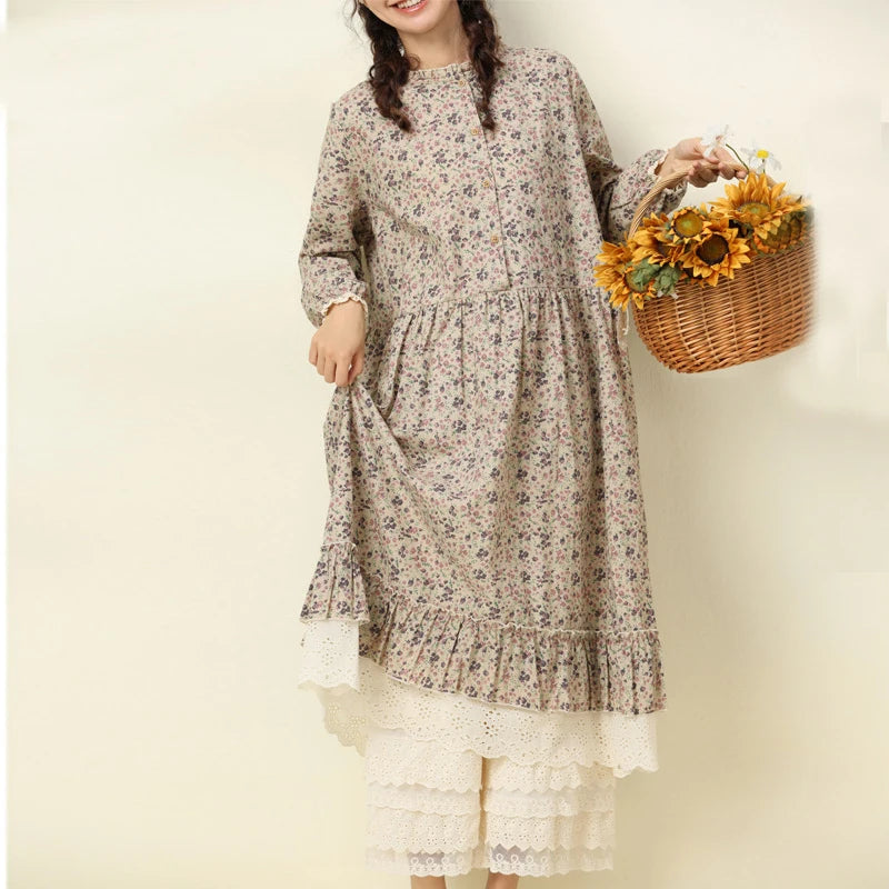 Women's Vintage Mori Girl Floral Print Cotton Linen Midi Dress with Lace Ruffles