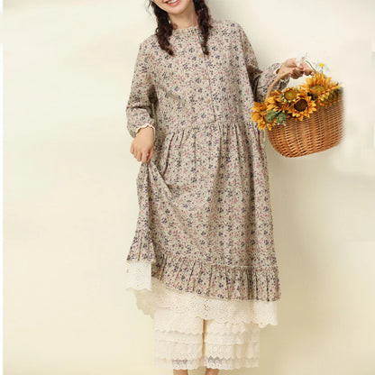 Women's Vintage Mori Girl Floral Print Cotton Linen Midi Dress with Lace Ruffles