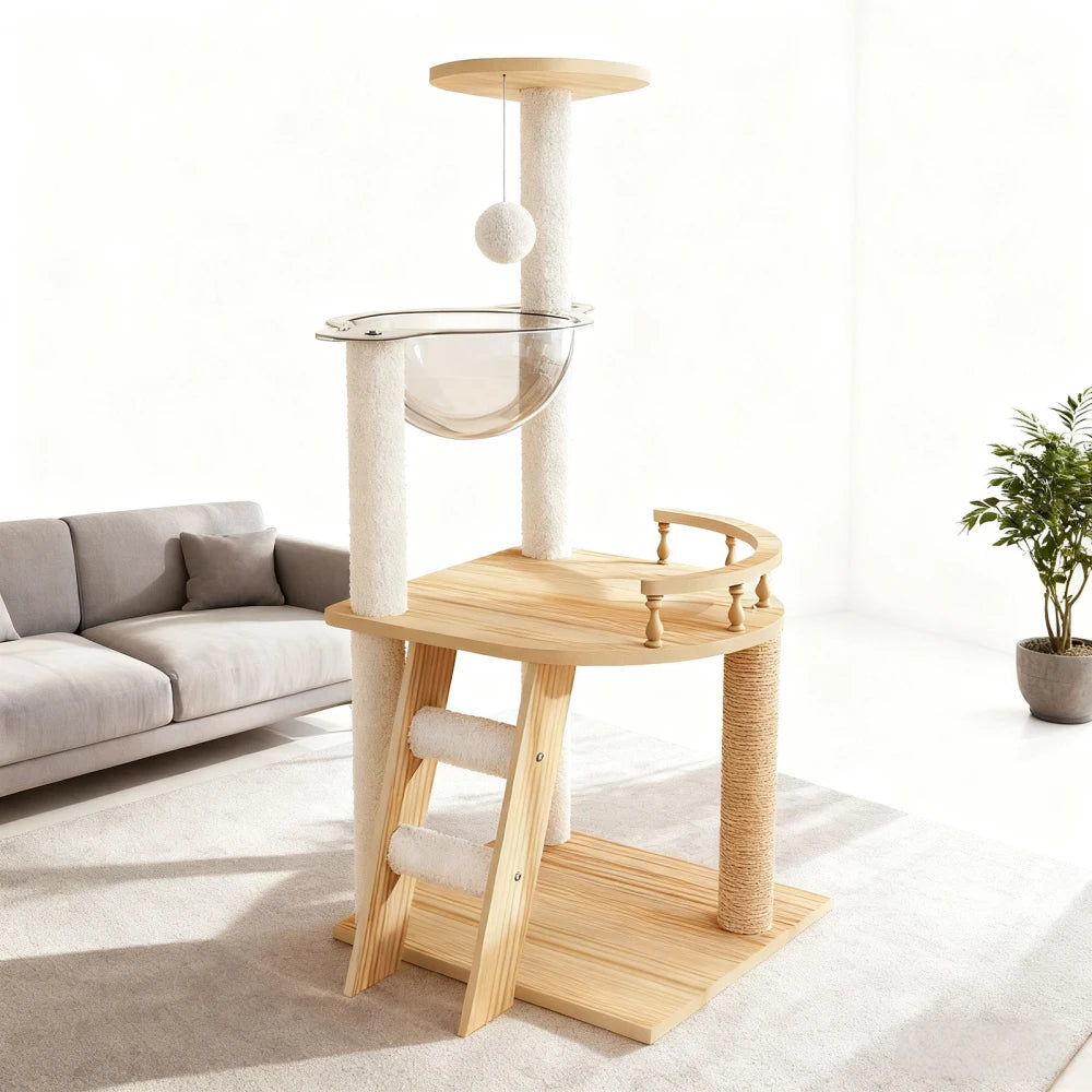 41.3" Modern Wood Cat Tower with Acrylic Space Capsule Hammock
